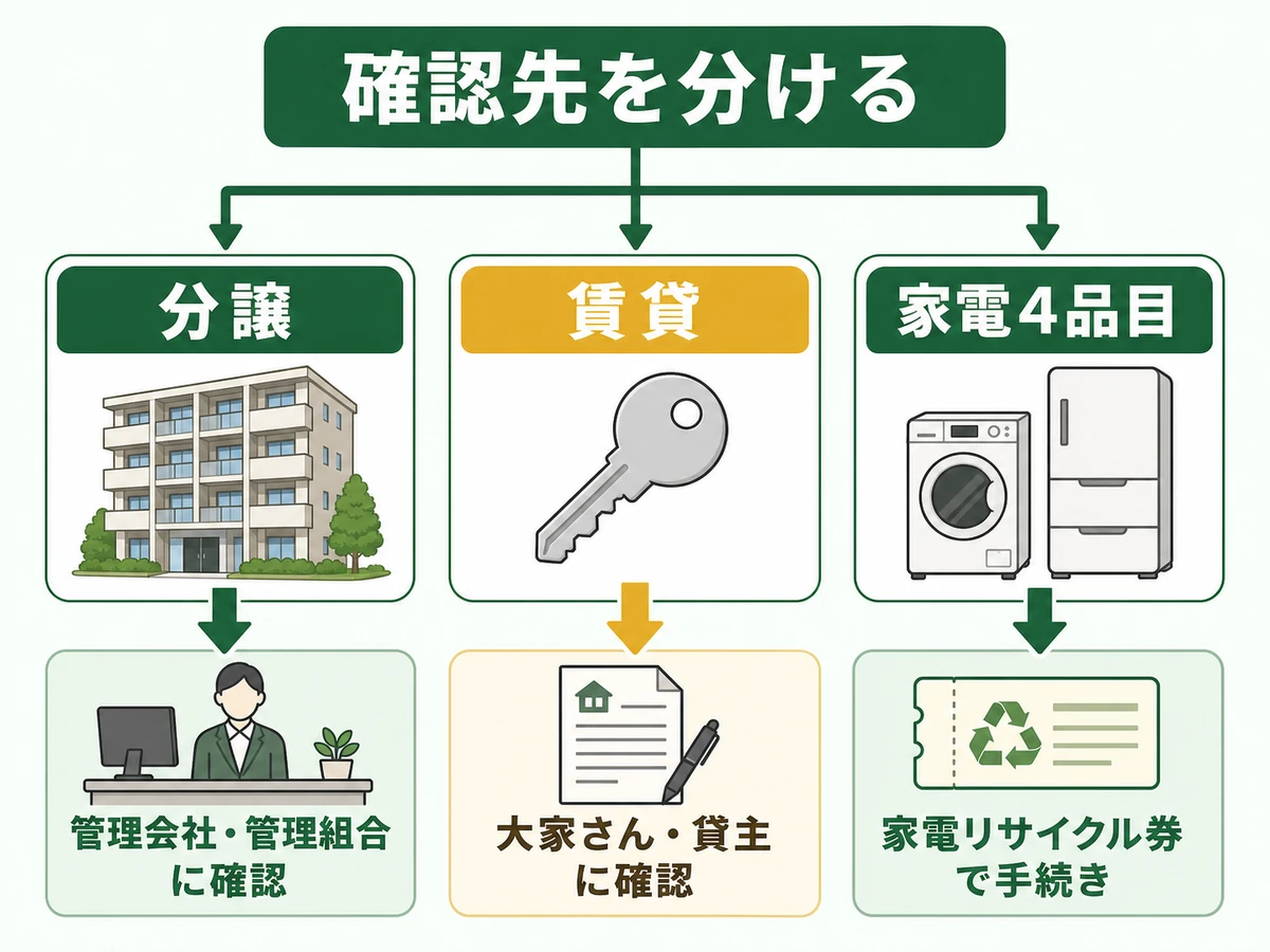 分譲、賃貸、家電4品目で確認先を分ける判断図