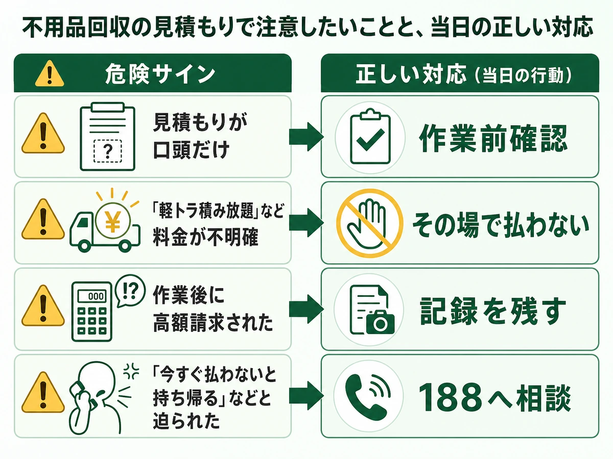 不用品回収の危険な広告と追加請求時の対応を示す判断図
