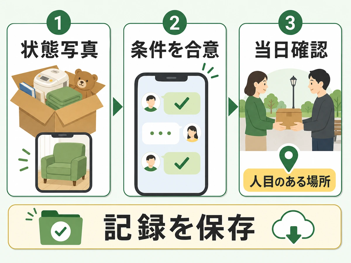 不用品の無償譲渡で状態写真、条件合意、当日確認、記録保存を示す確認フロー