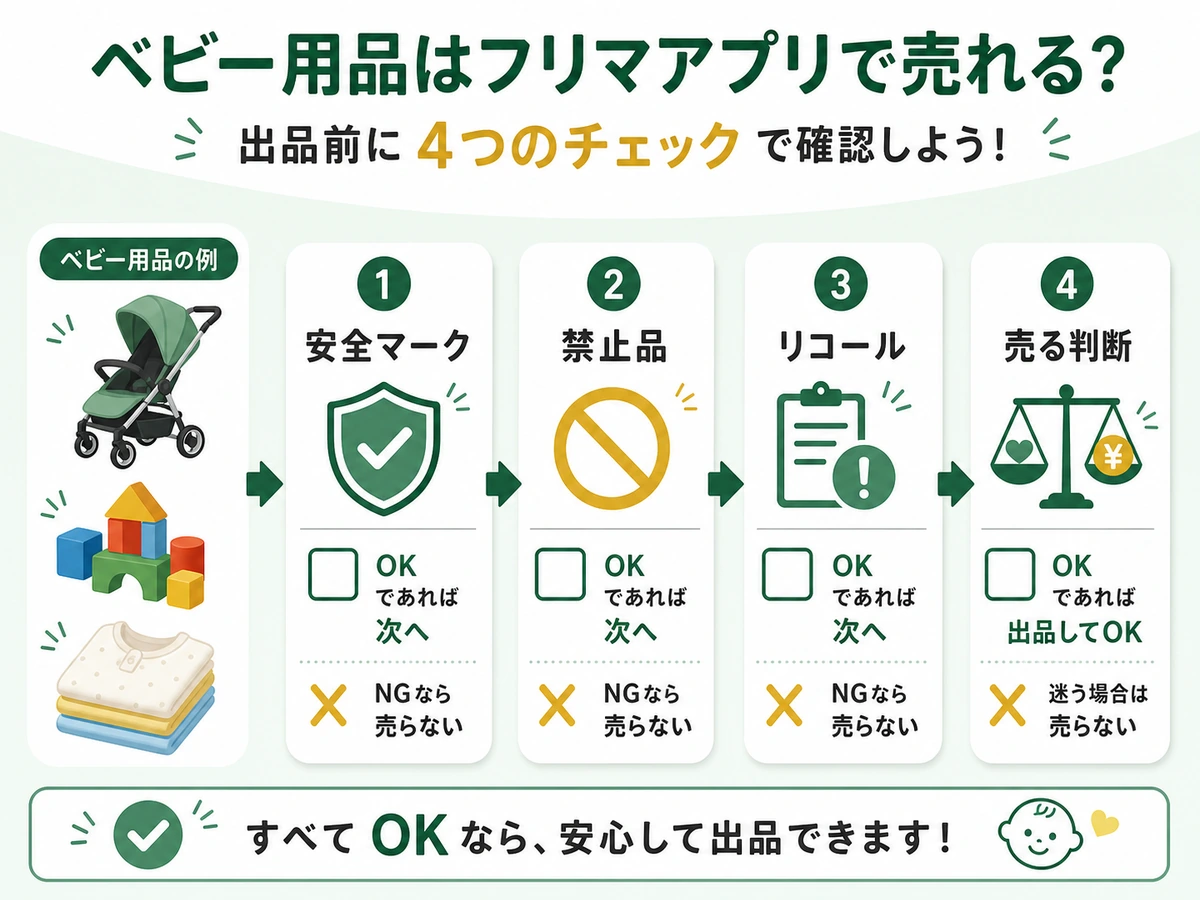ベビー用品のフリマ出品前に安全マーク、禁止品、リコールを確認する流れ
