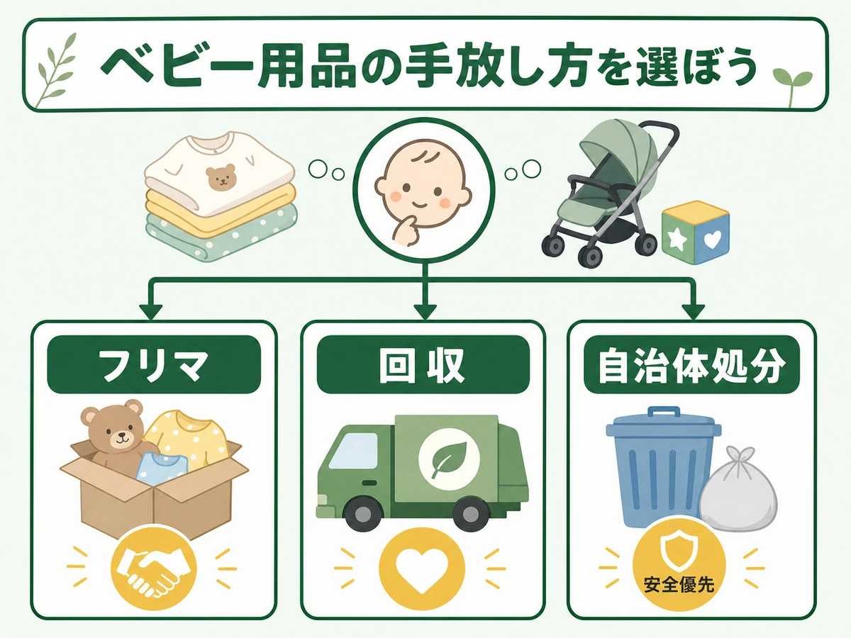ベビー用品をフリマ、回収、自治体処分に分ける判断チャート