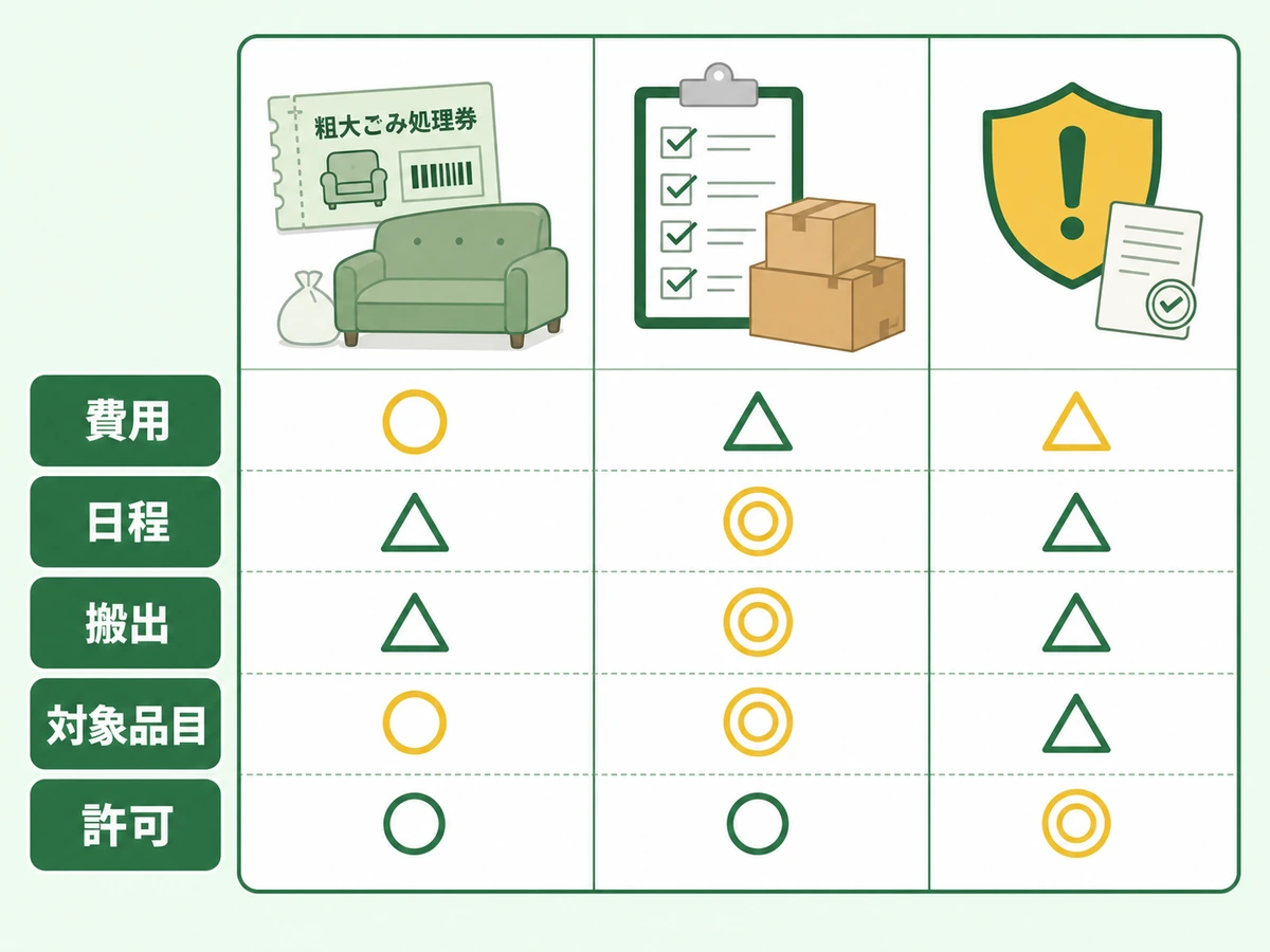 粗大ごみと不用品回収を費用・日程・搬出・対象品目・許可で比較する図