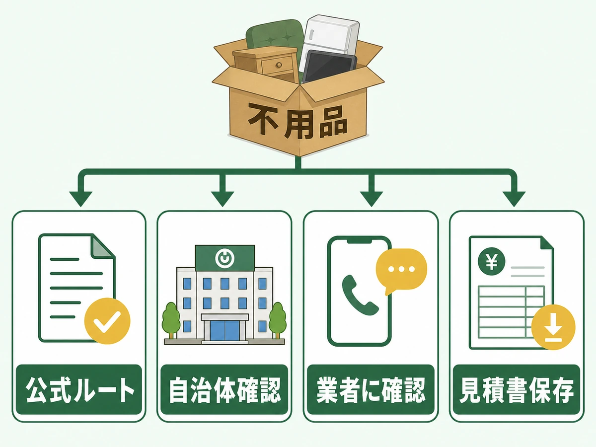 回収できない不用品を公式ルート・自治体確認・業者確認へ分ける流れ