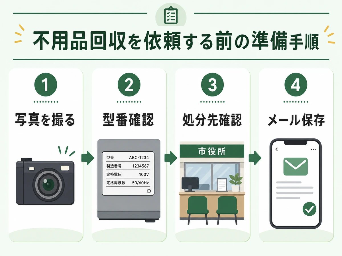 不用品回収を依頼する前に写真・型番・処分先・メール記録を確認する流れ
