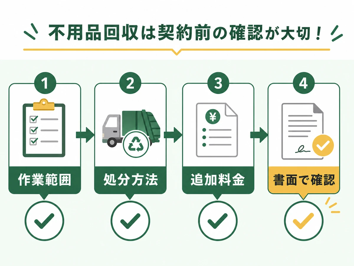 不用品回収の契約前に作業範囲、処分方法、追加料金を書面で確認する流れ