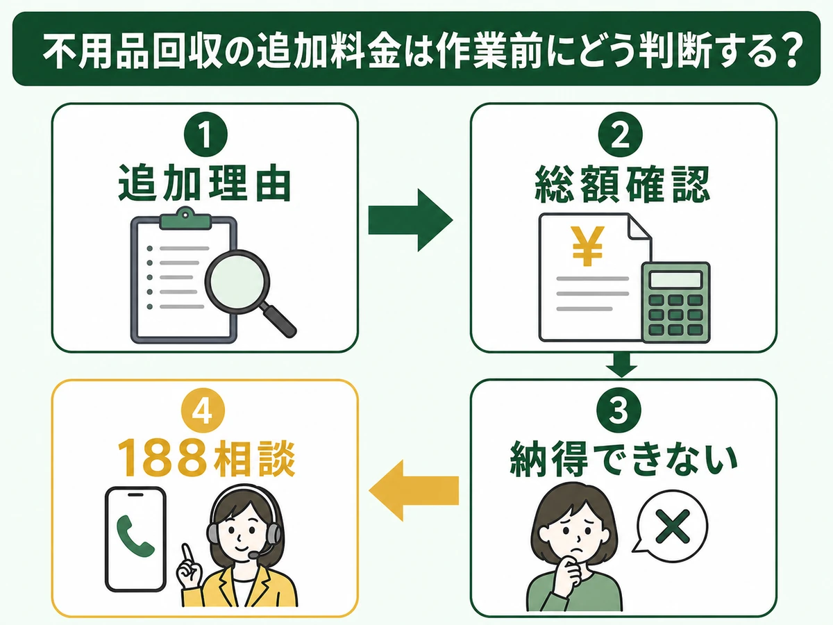 不用品回収で追加料金を求められたときに総額確認と188相談へ進む判断図
