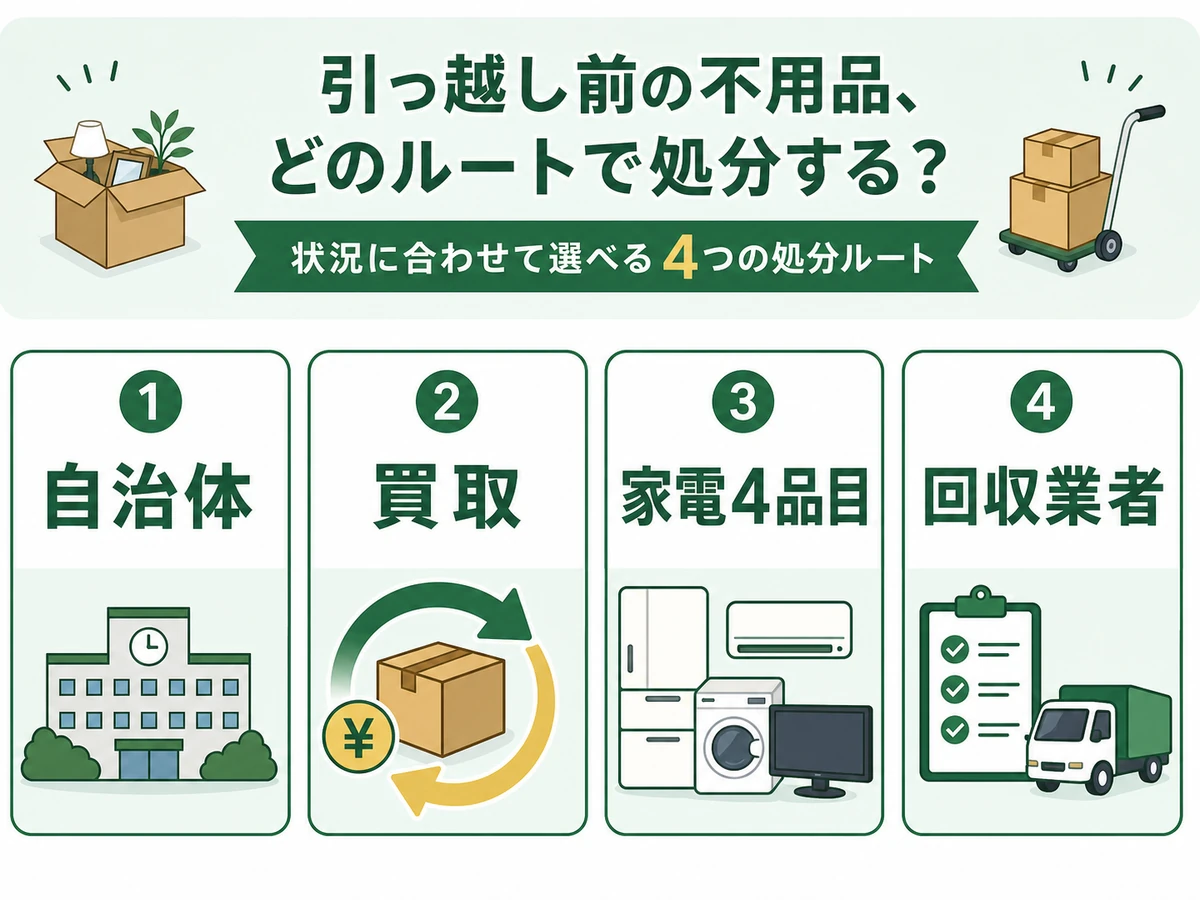 引っ越し前の不用品を自治体処分や買取などに分ける判断チャート