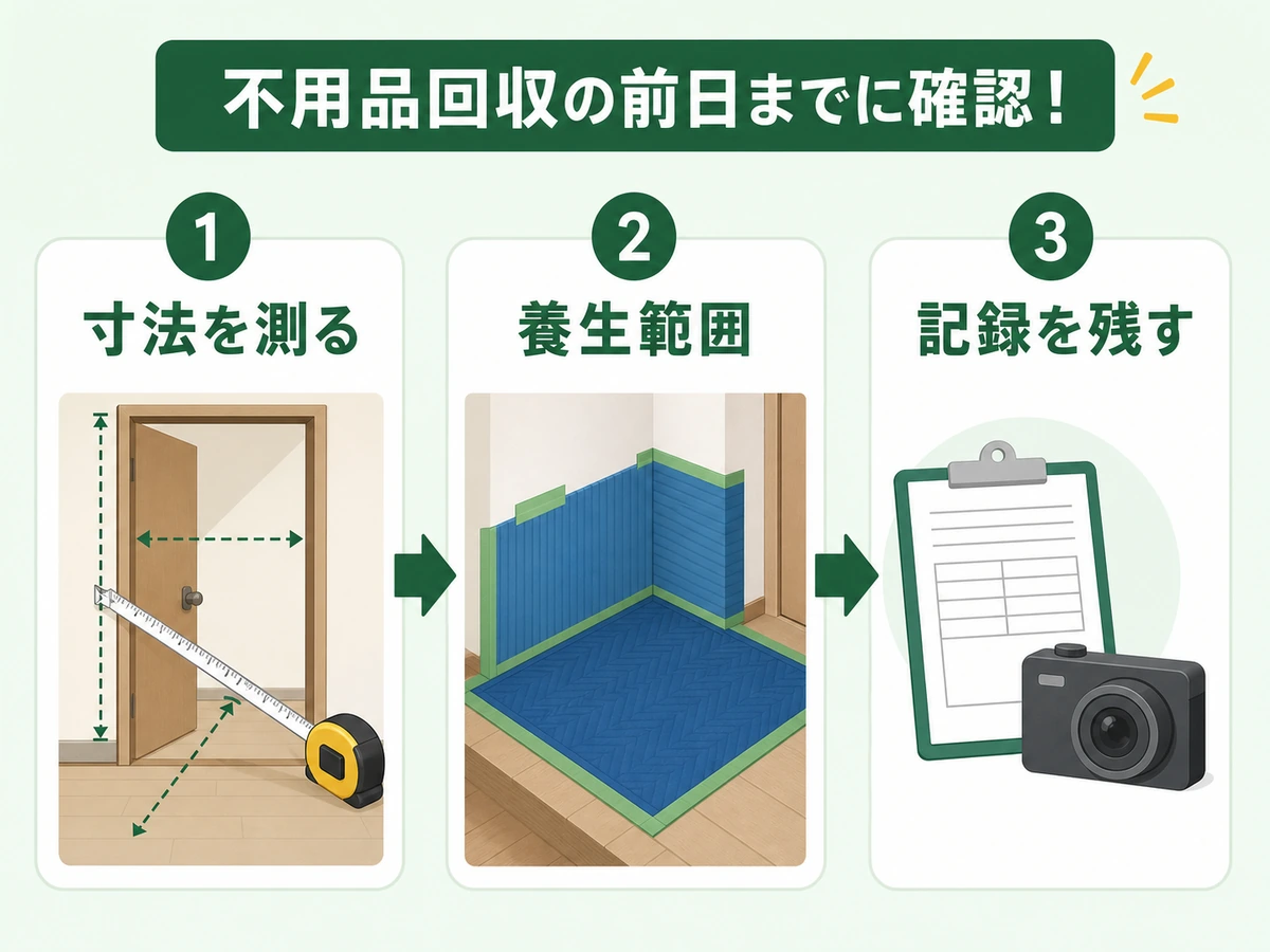 不用品回収前に寸法・養生範囲・記録を確認する流れ