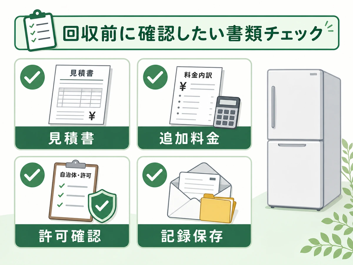 冷蔵庫回収前に見積書、追加料金、許可確認、記録保存を確認する書類チェック