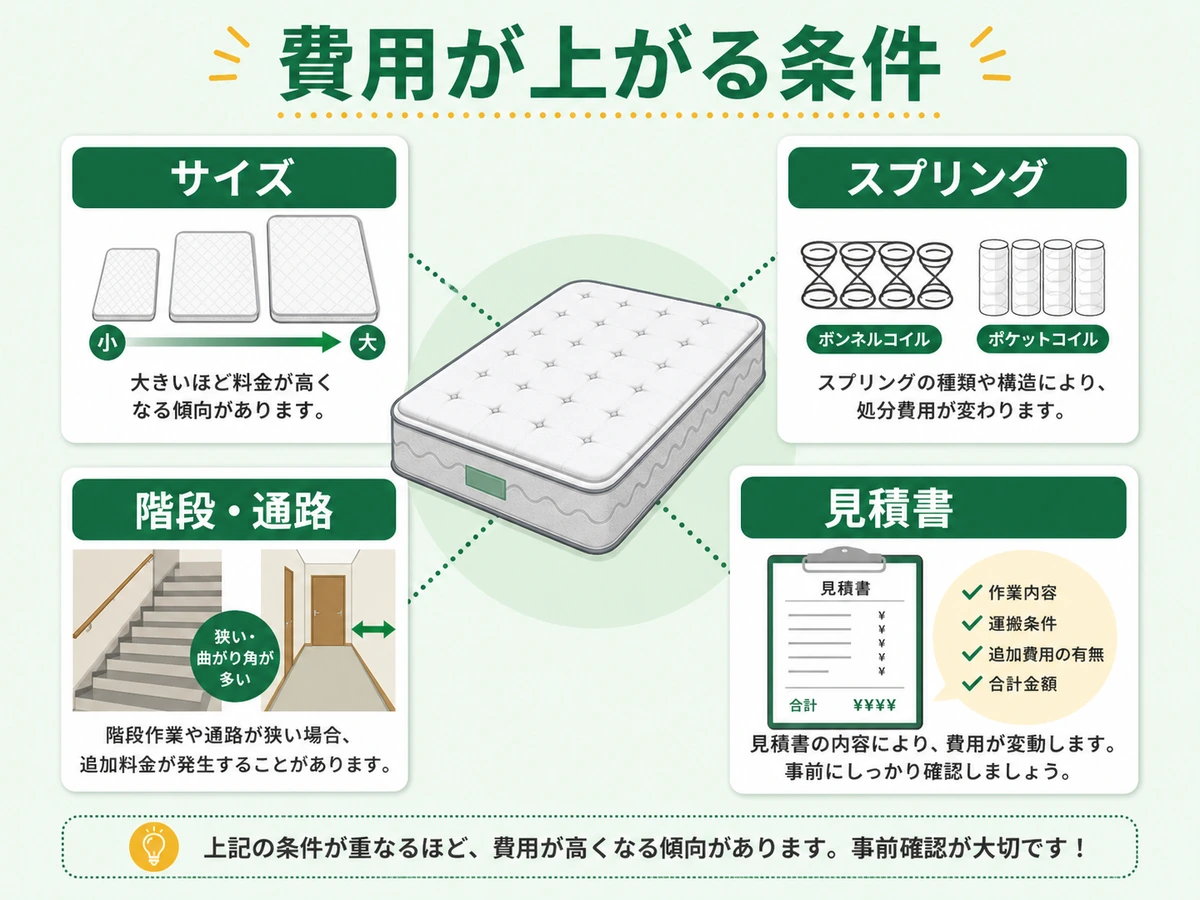 マットレス回収費用を左右するサイズ、スプリング、階段、見積書の確認ポイント