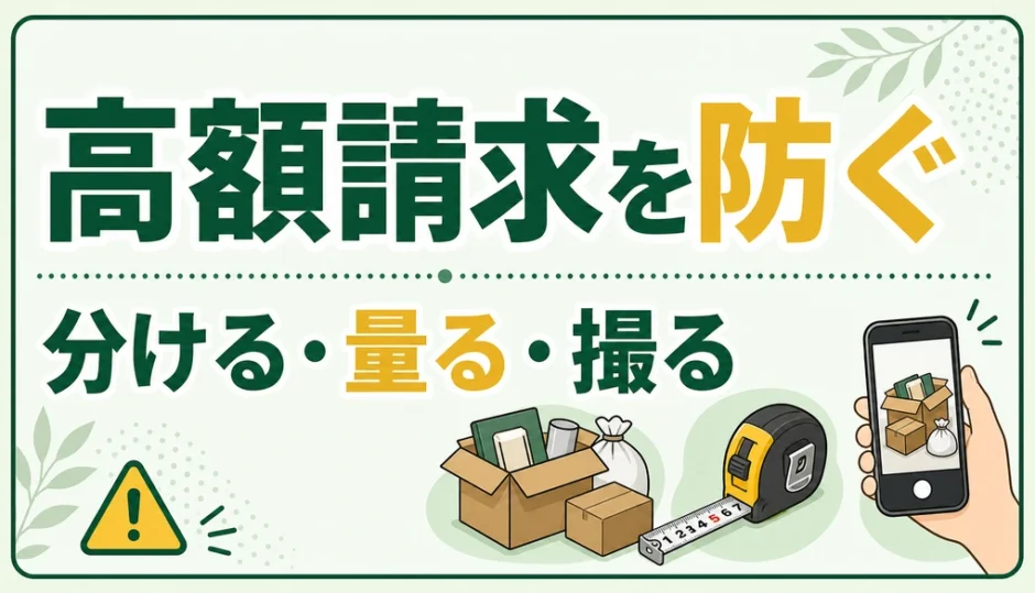 高額請求を防ぐために不用品を分ける・量る・撮る準備を示す図