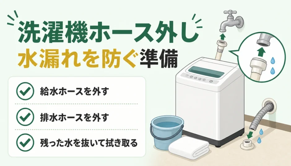 洗濯機ホース外しの水漏れ防止準備を示すサムネイル