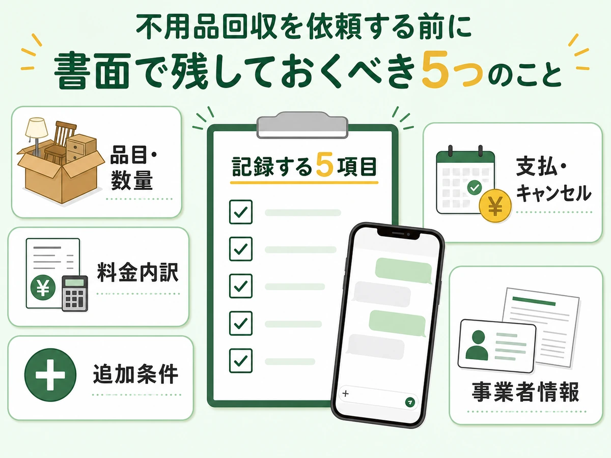 不用品回収を依頼する前に書面で残す5項目のチェック図解