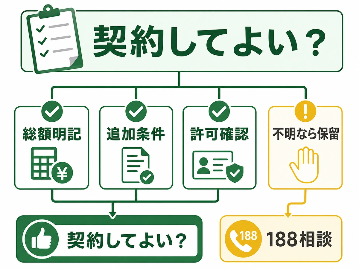 不用品回収の見積書で総額・追加条件・許可確認を見て保留や188相談を判断する図