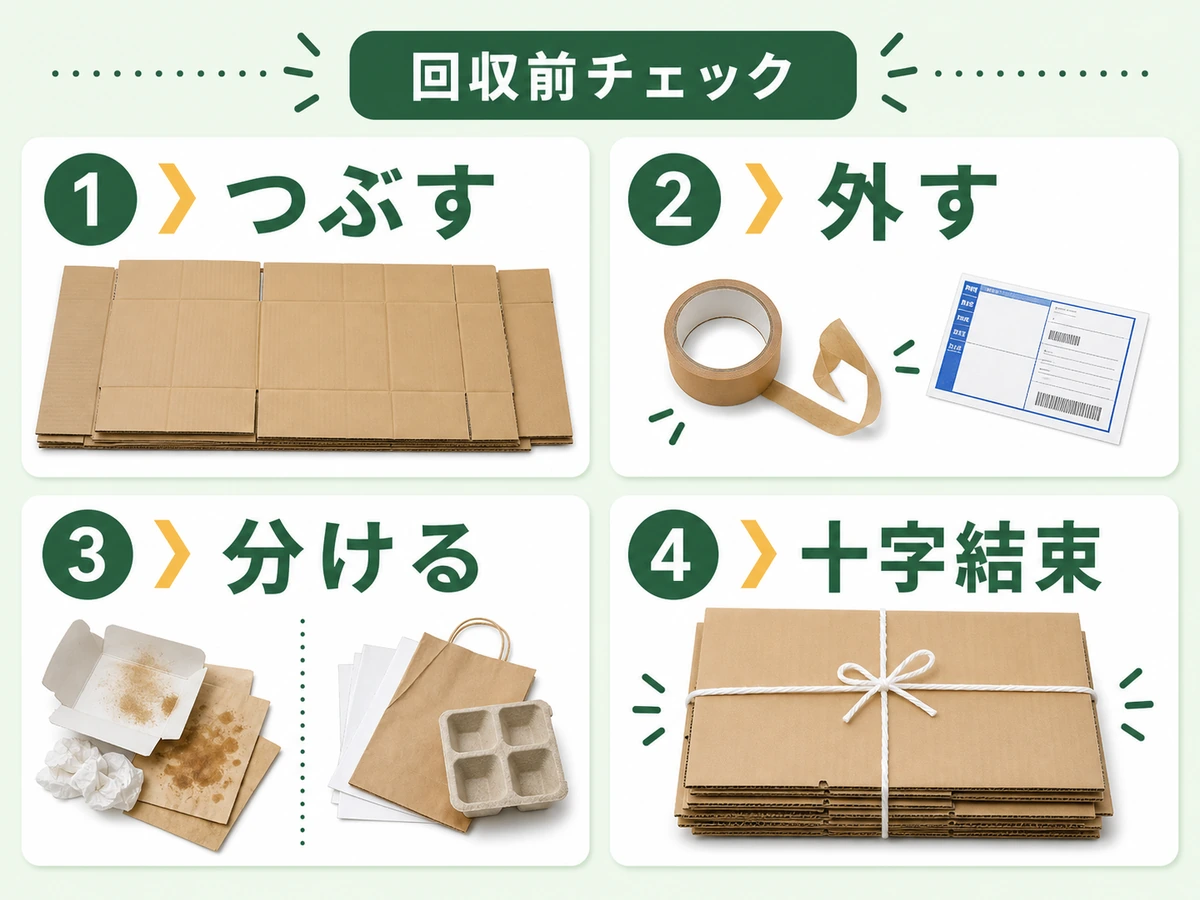 段ボール回収前に確認するつぶす、外す、分ける、十字結束の流れ