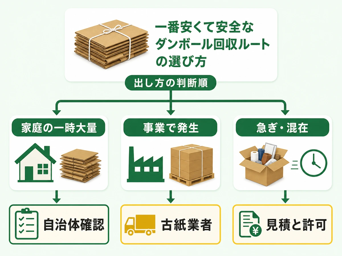 家庭の一時大量、事業で発生、急ぎや混在で段ボールの出し方を選ぶ判断図