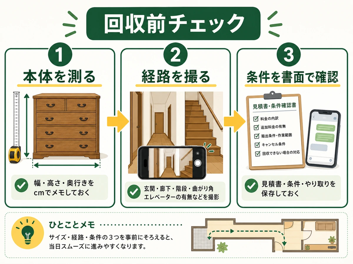 タンス回収前に本体を測り経路を撮り条件を書面で確認する流れ