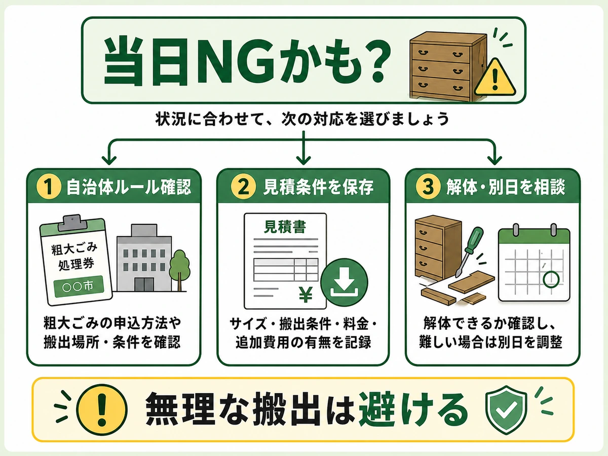 当日回収できない可能性があるときの自治体確認や別日相談の判断チャート