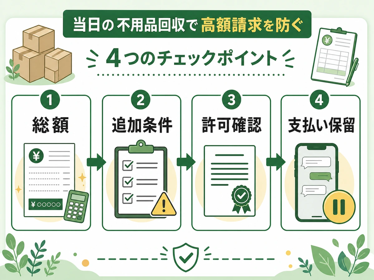 不用品回収の総額、追加条件、許可確認、支払い保留を示すチェックフロー