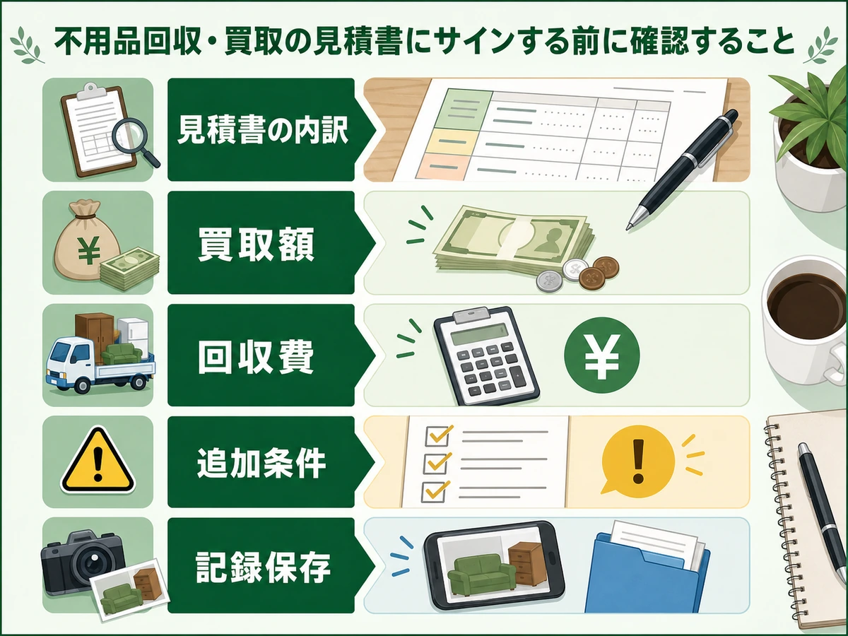 不用品回収の見積書で買取額と回収費、追加条件を分けて確認する図