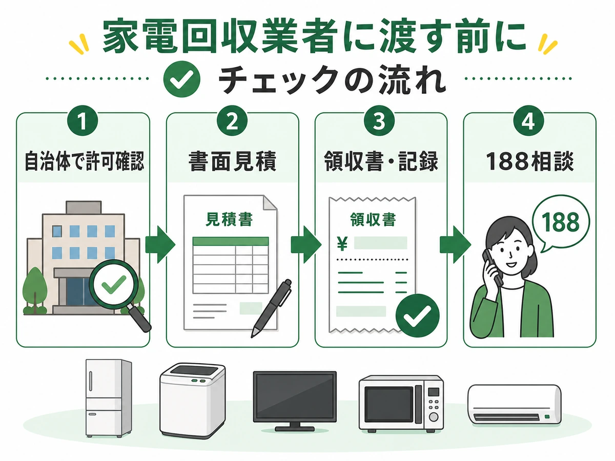 家電回収業者に渡す前の許可確認、書面見積、領収書記録、188相談の流れ