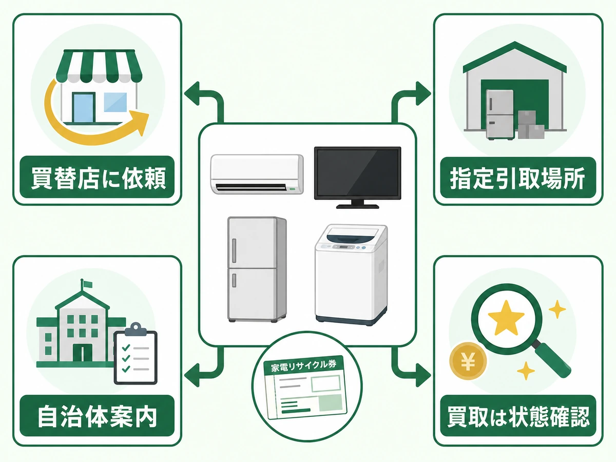 家電4品目の買替店、指定引取場所、自治体案内、買取確認の処分ルート