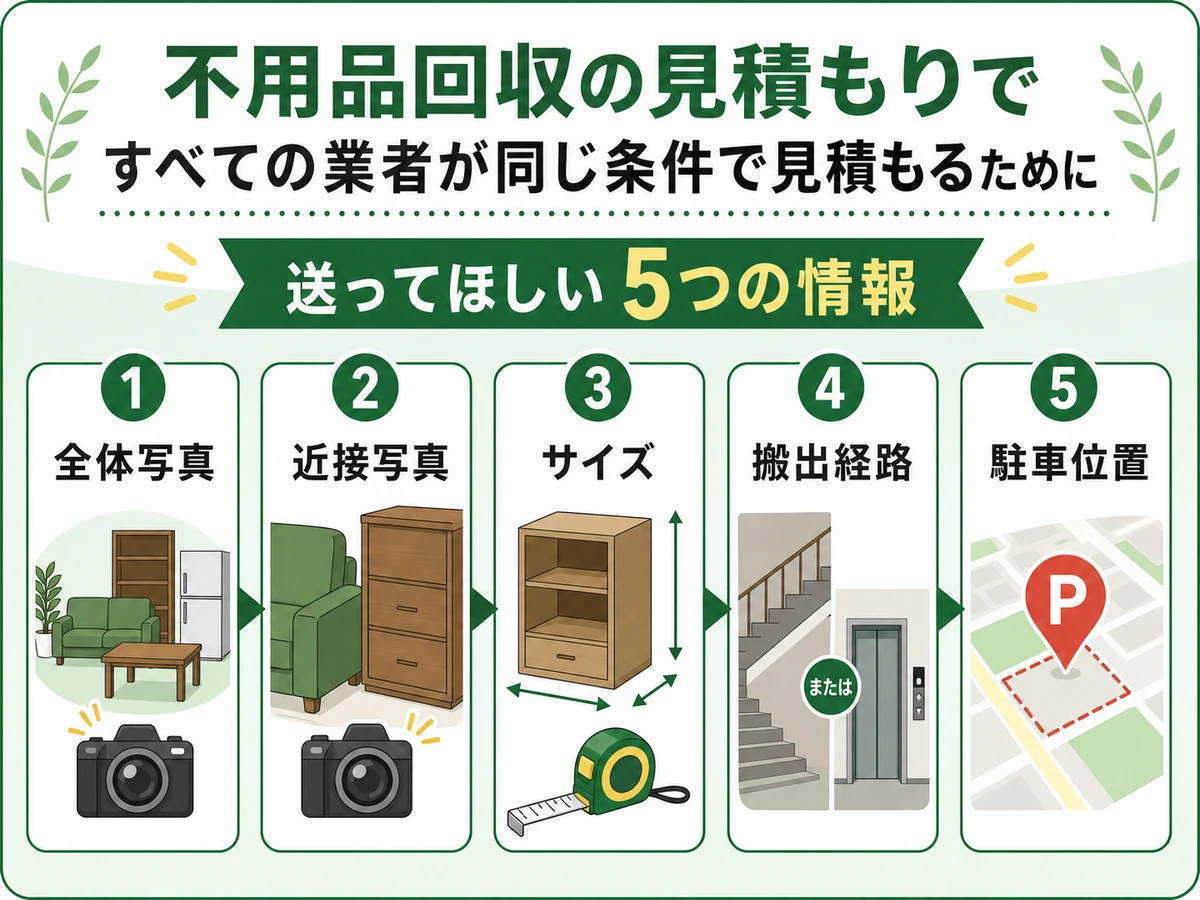 不用品回収の相見積もりで送る全体写真・近接写真・サイズ・搬出経路・駐車位置の確認図