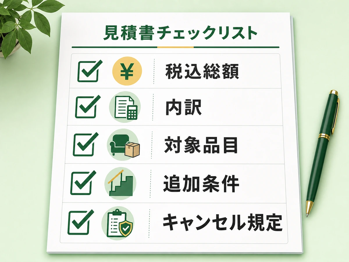 不用品回収の見積書で税込総額・内訳・対象品目・追加条件・キャンセル規定を確認する図