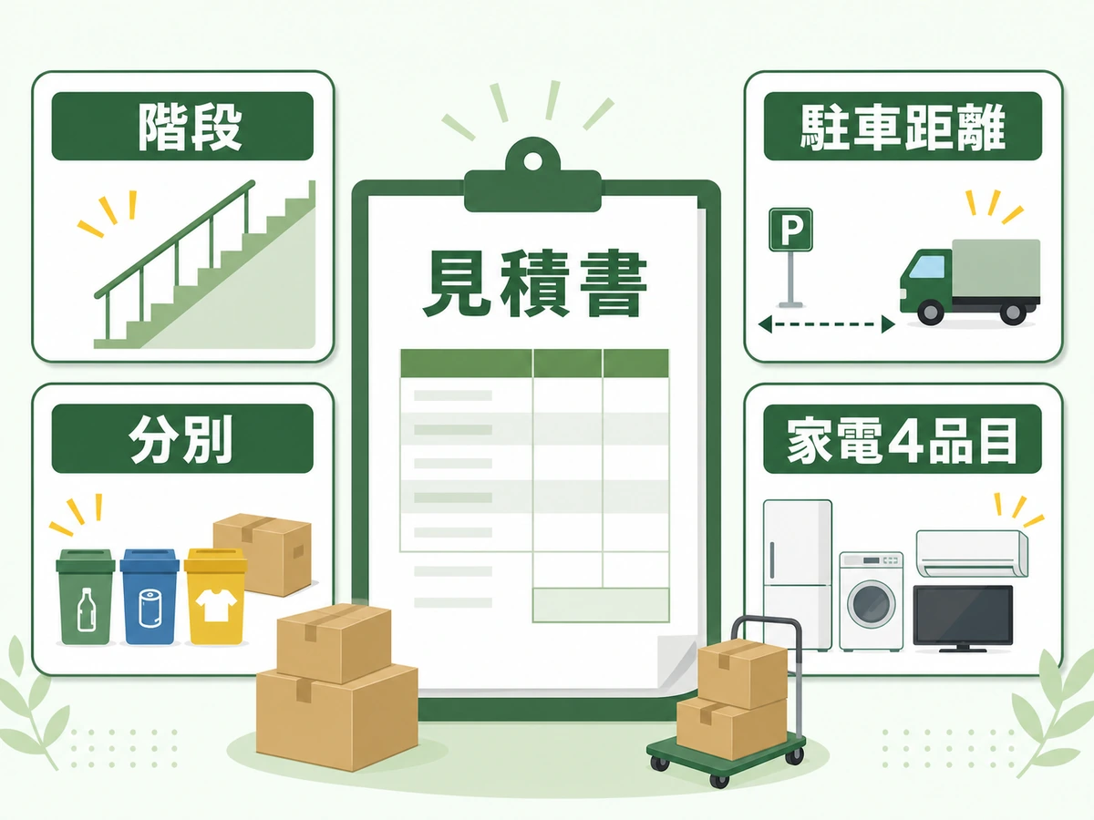 不用品回収の見積書で見る階段・駐車距離・分別・家電4品目の確認軸