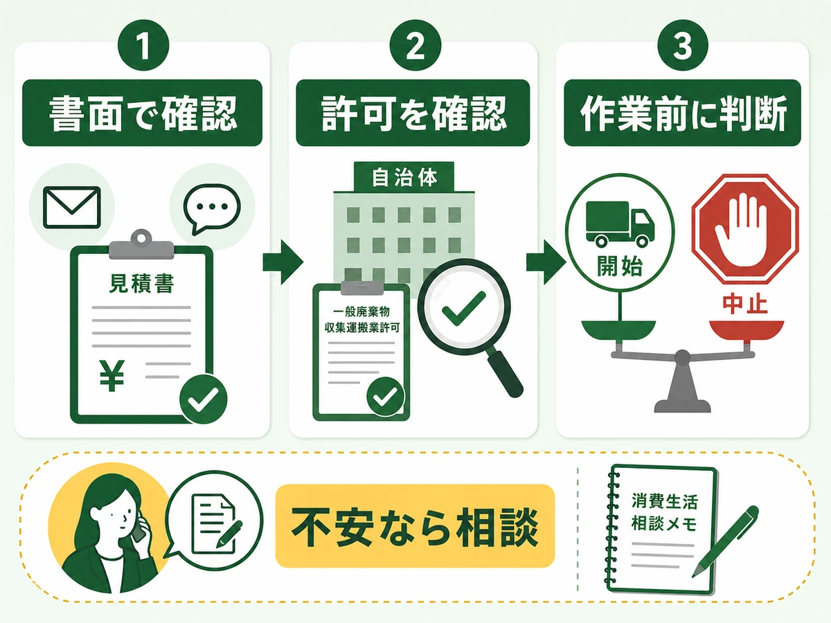 不用品回収の作業前に書面と許可を確認し判断する流れ