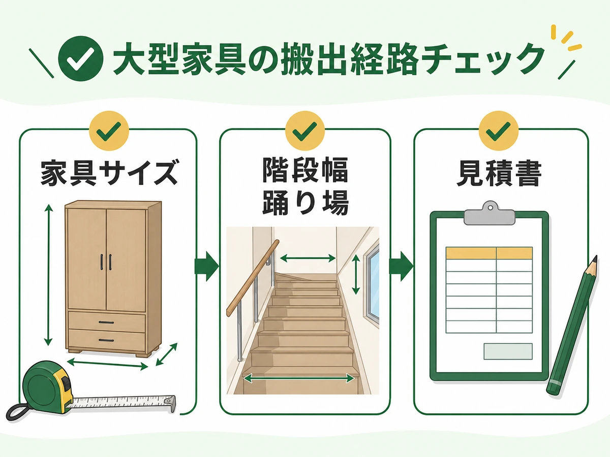 大型家具の搬出経路を家具サイズ・階段幅・踊り場・見積書で確認する図解