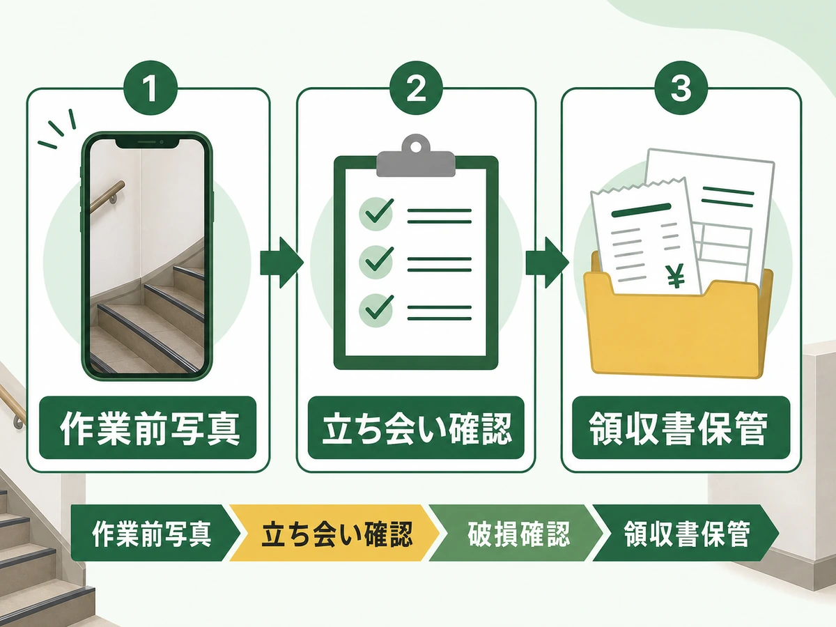 大型家具の階段搬出当日に写真・立ち会い・破損確認・領収書保管を行う流れ