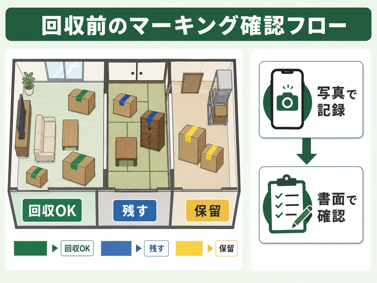 回収OK・残す・保留を分けて写真と書面で確認するマーキング確認フロー