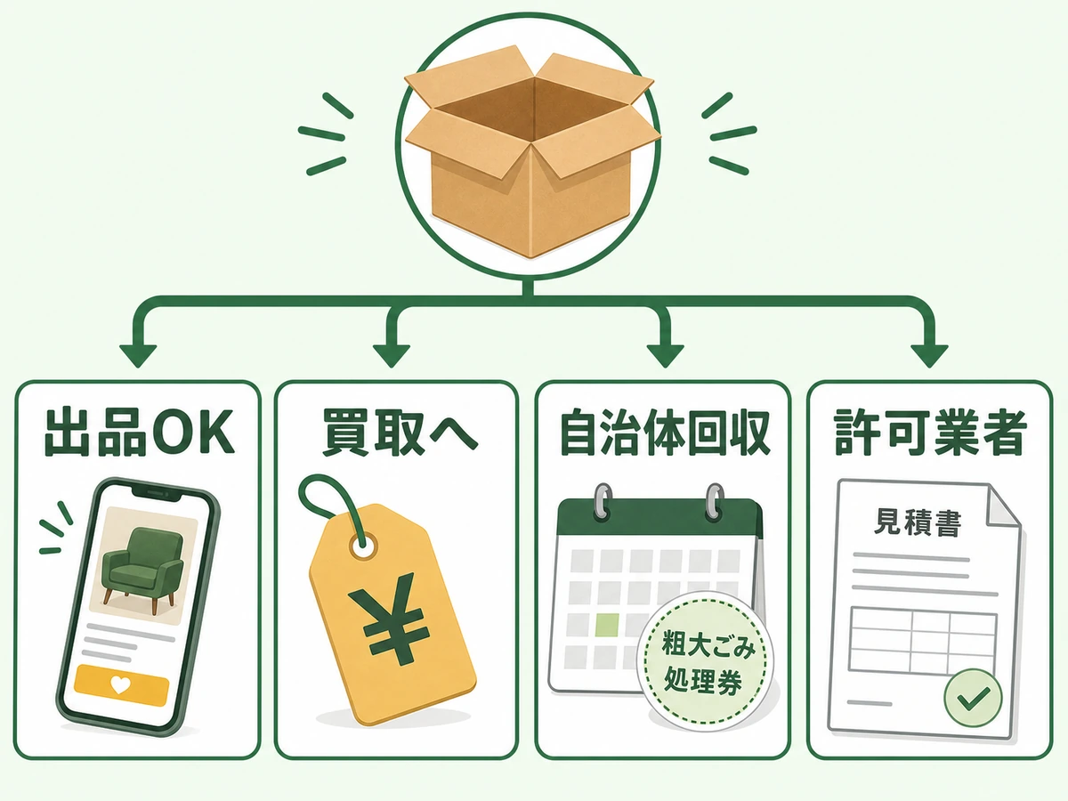 不用品をメルカリ、買取、自治体回収、許可業者に分ける判断フロー