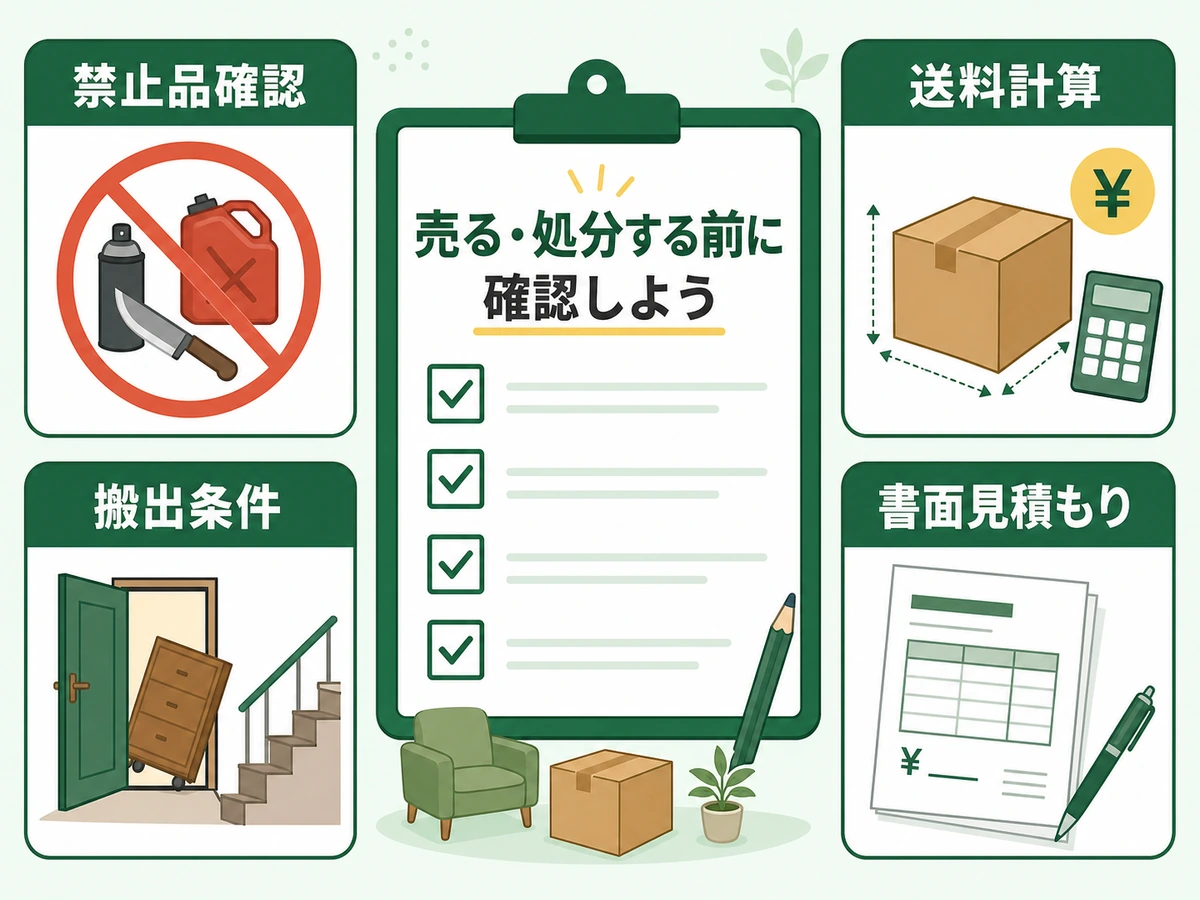 大型や大量の不用品で確認する禁止品、送料、搬出、見積もりの判断表