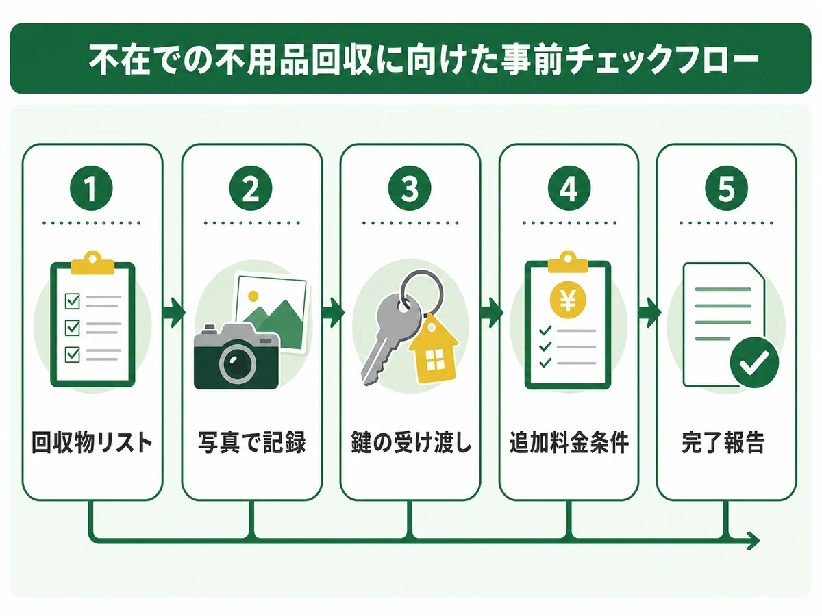 立ち会いなし回収前に確認する回収物リスト、写真記録、鍵、追加料金条件、完了報告の流れ