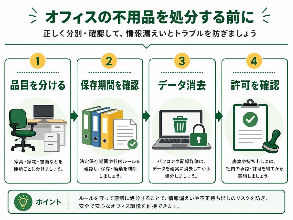 オフィス不用品を品目、保存期間、データ、許可の順に確認する流れ