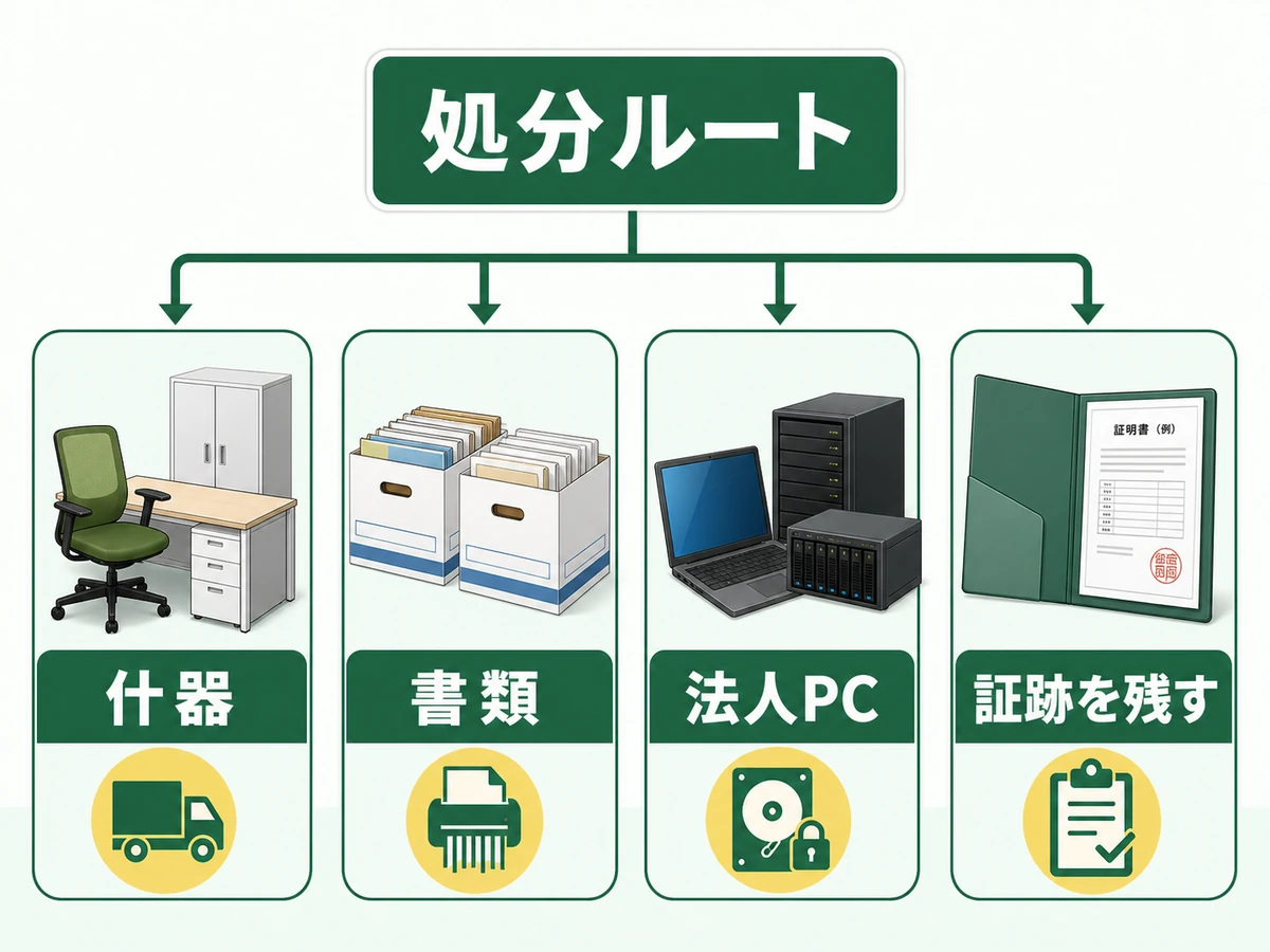 什器、書類、法人PCの処分ルートと証跡を残す判断図