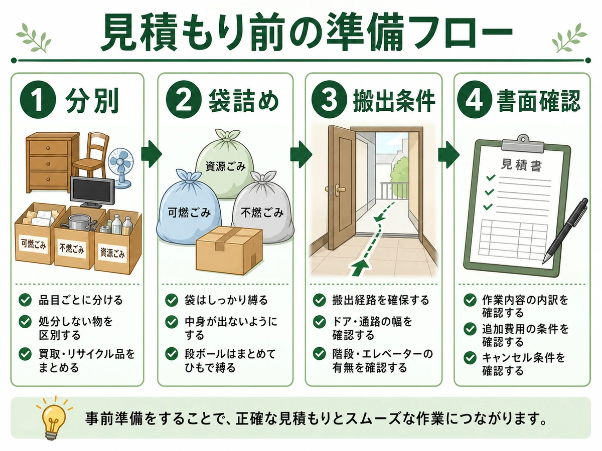 見積もり前に分別、袋詰め、搬出条件、書面確認を行う流れ