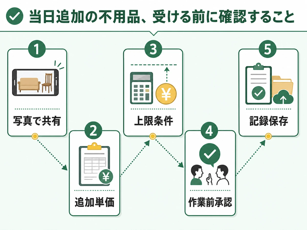 不用品回収で当日追加する前に写真共有、追加単価、上限条件、作業前承認、記録保存を確認する流れ