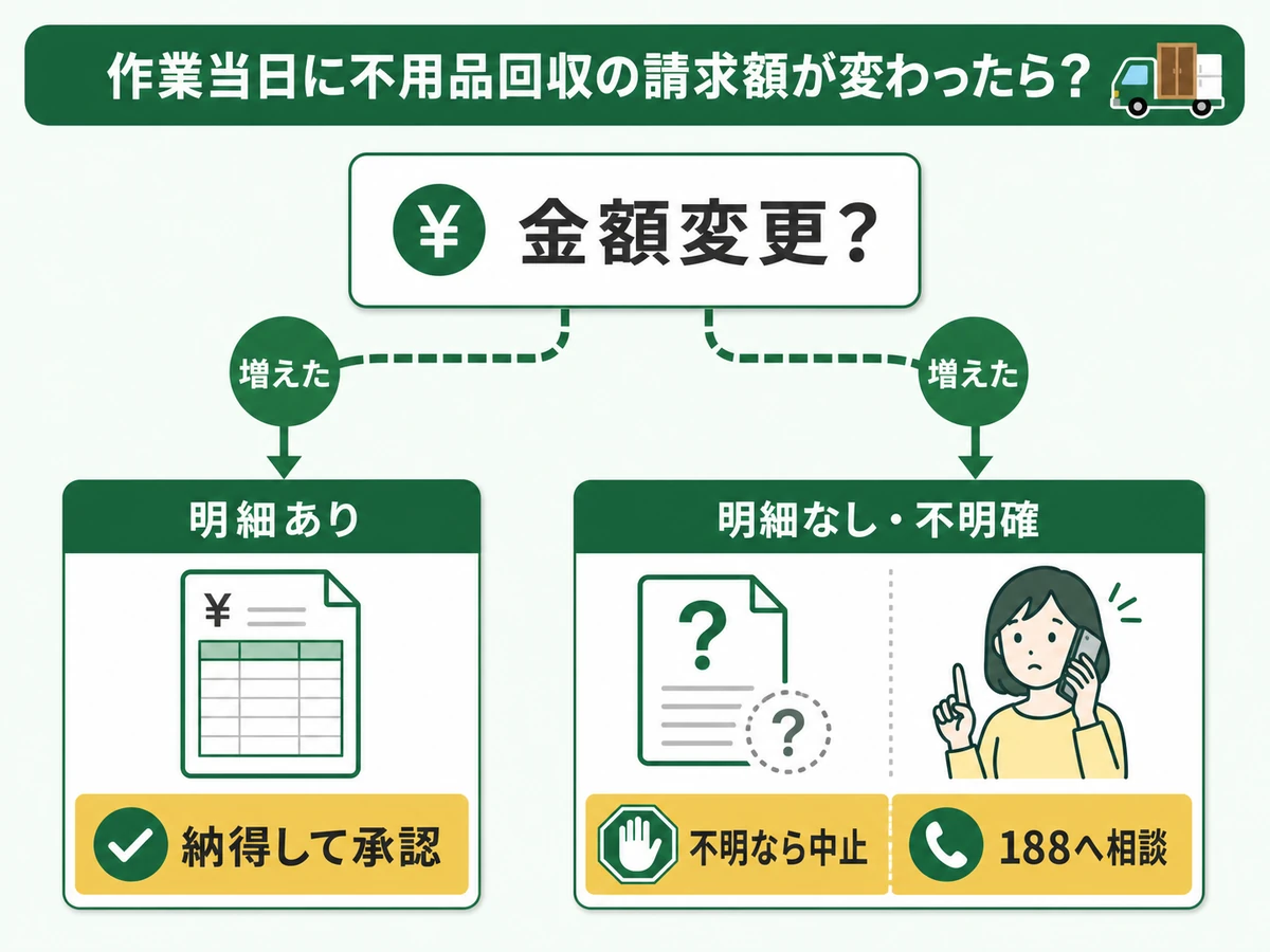 不用品回収の請求額が変わったときに明細確認、承認、中止、188相談を判断する図解