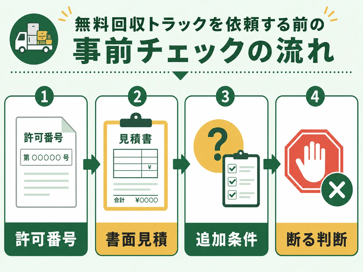 無料回収トラックへ依頼する前の許可番号、書面見積、追加条件、断る判断の確認フロー