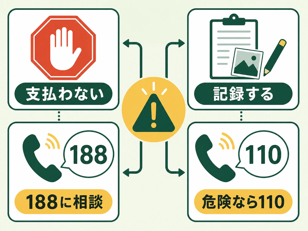 無料回収トラックで高額請求されたときに支払わない、記録する、188に相談、危険なら110へ進む判断チャート