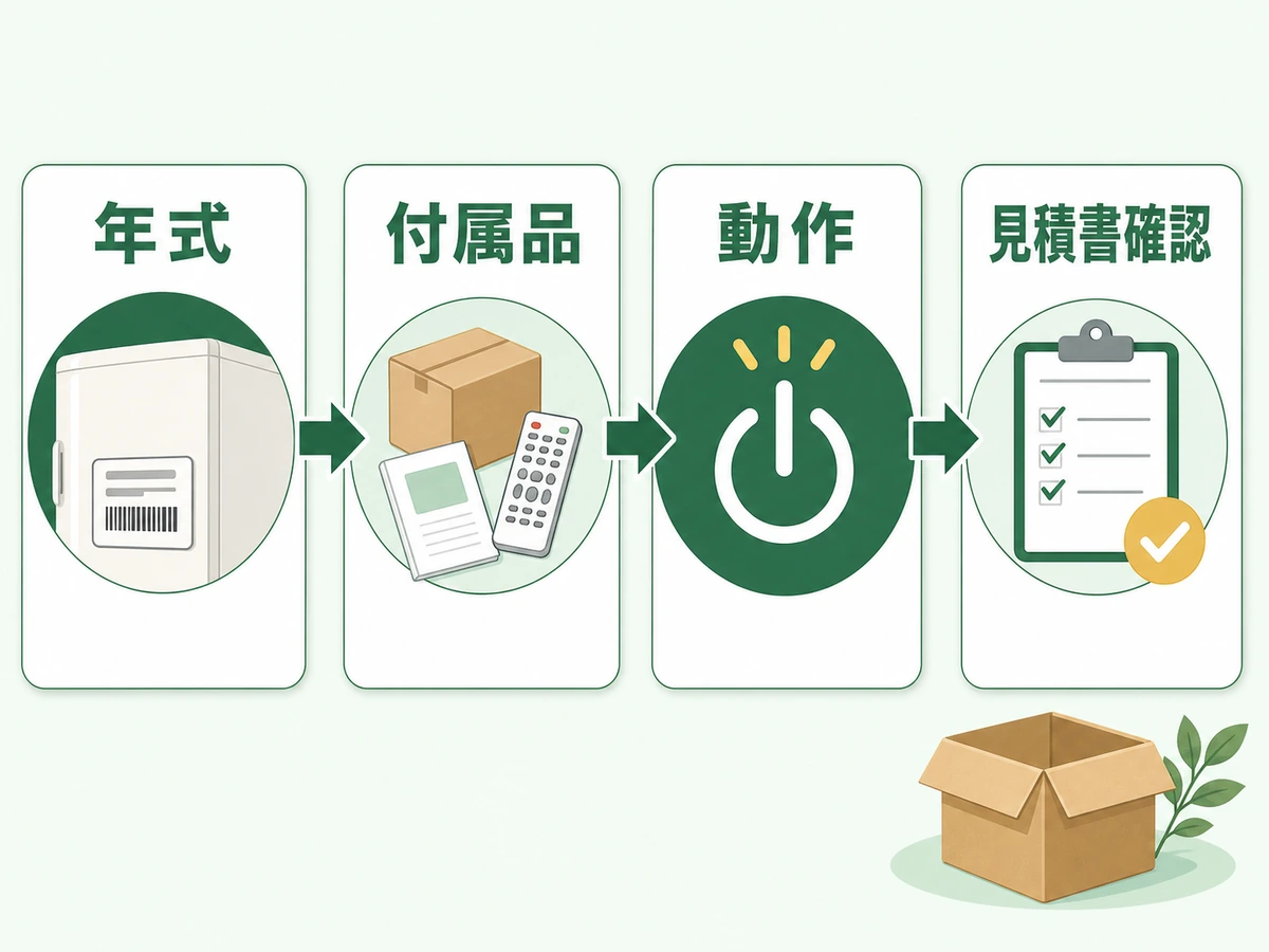 年式、付属品、動作、見積書確認の順に不用品をチェックする流れ