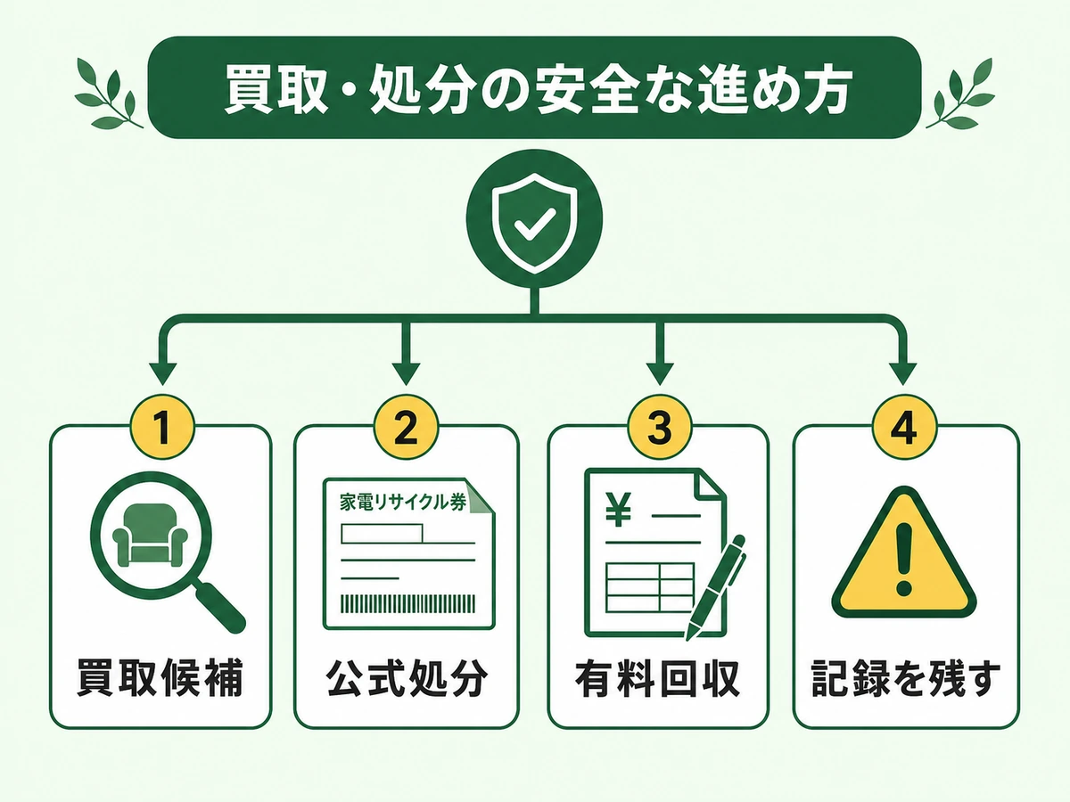 買取候補、公式処分、有料回収、記録保存の判断チャート