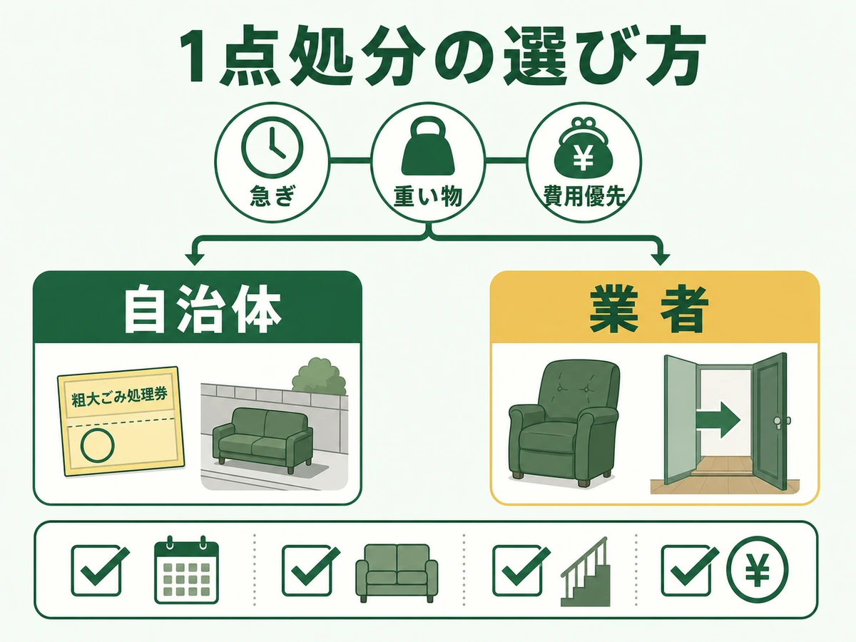 自治体と業者のどちらで1点処分するかを選ぶ図解