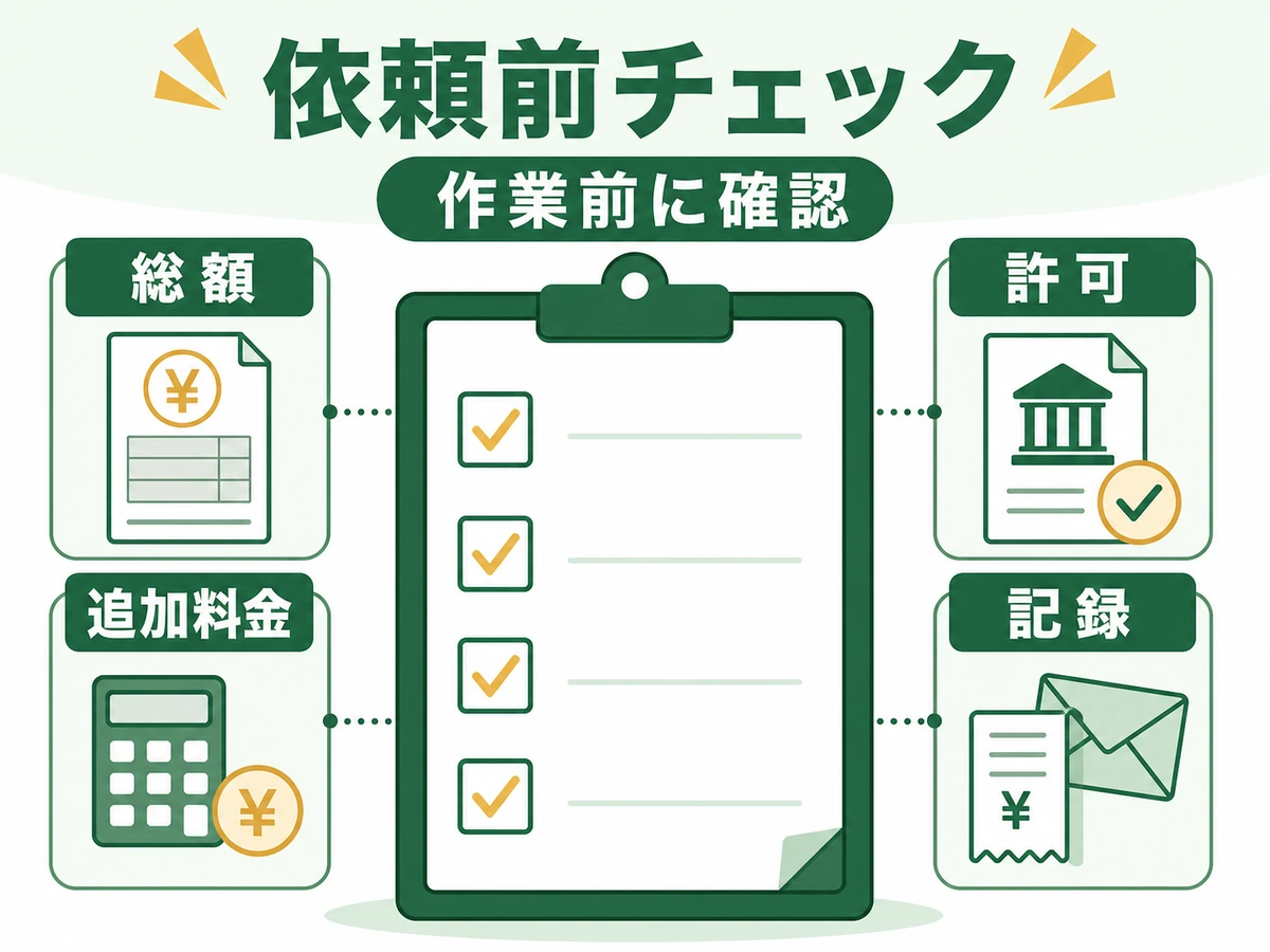 不用品回収を依頼する前に総額や許可を確認するチェックリスト図解
