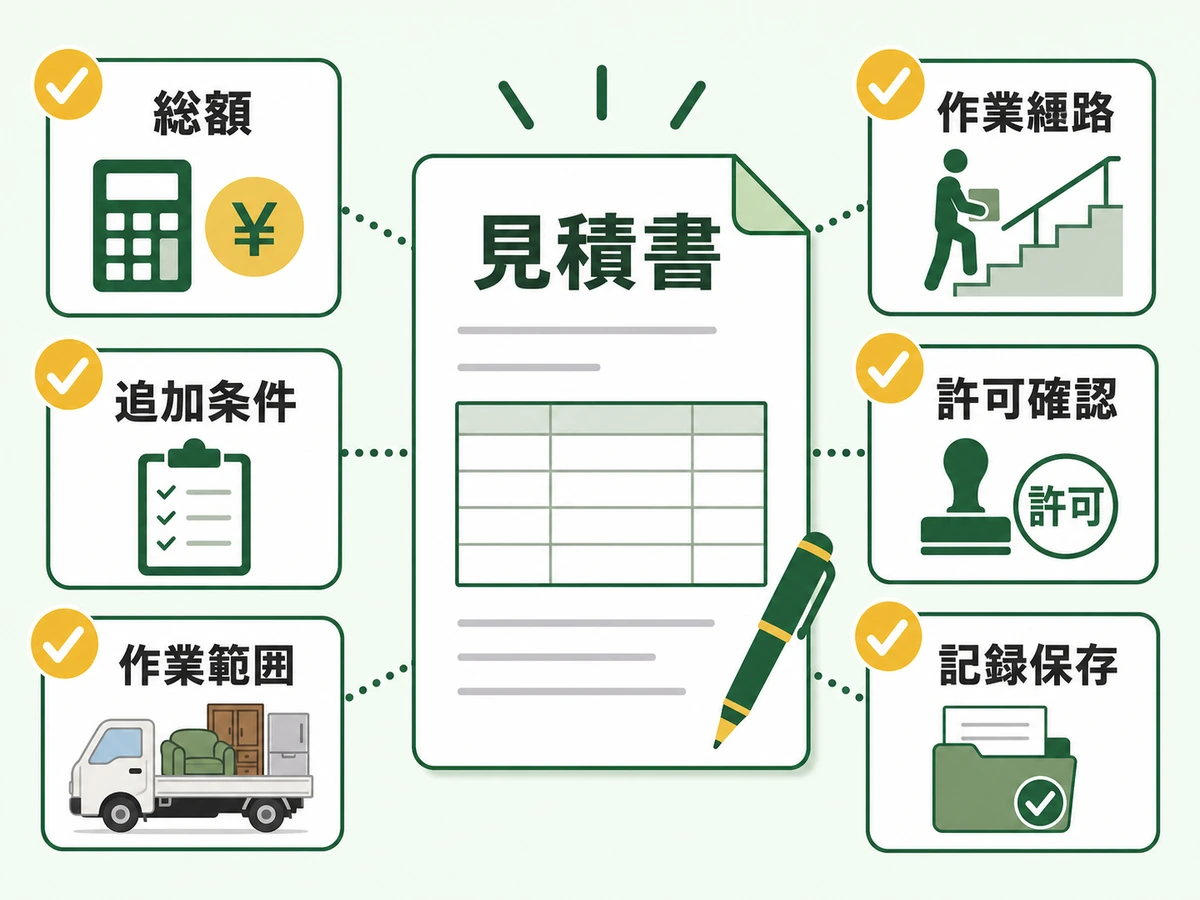 不用品回収の見積書で総額や追加条件を確認するチェックリスト図解