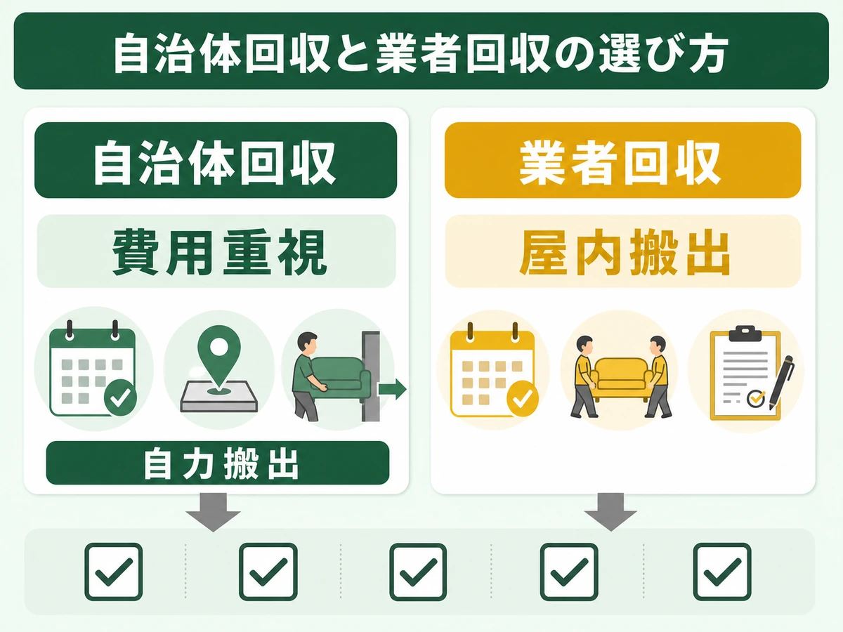 自治体回収と業者回収の選び方を示す比較図