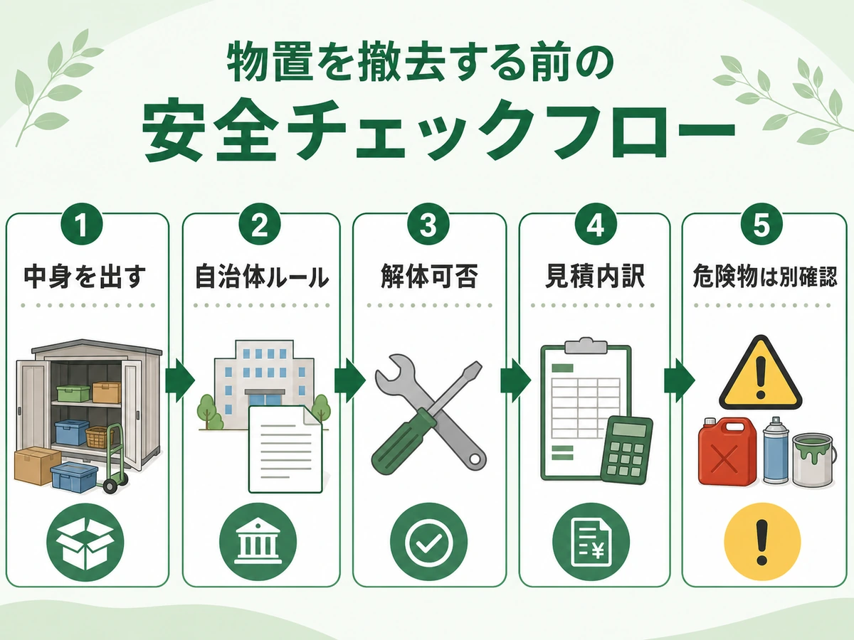物置を撤去する前の中身、自治体ルール、解体可否、見積内訳、危険物確認の流れ